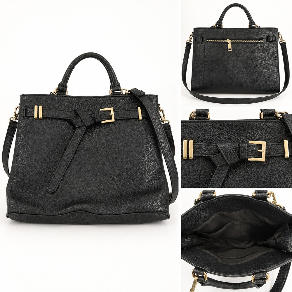Black Pebbled Faux Leather Belted Tote Bag Gold Hardware Crossbody Satchel